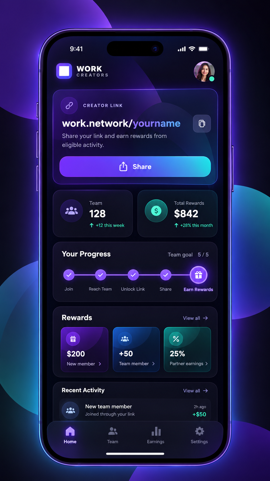 Placeholder for a phone mockup of the WORK Network Creator Link screen