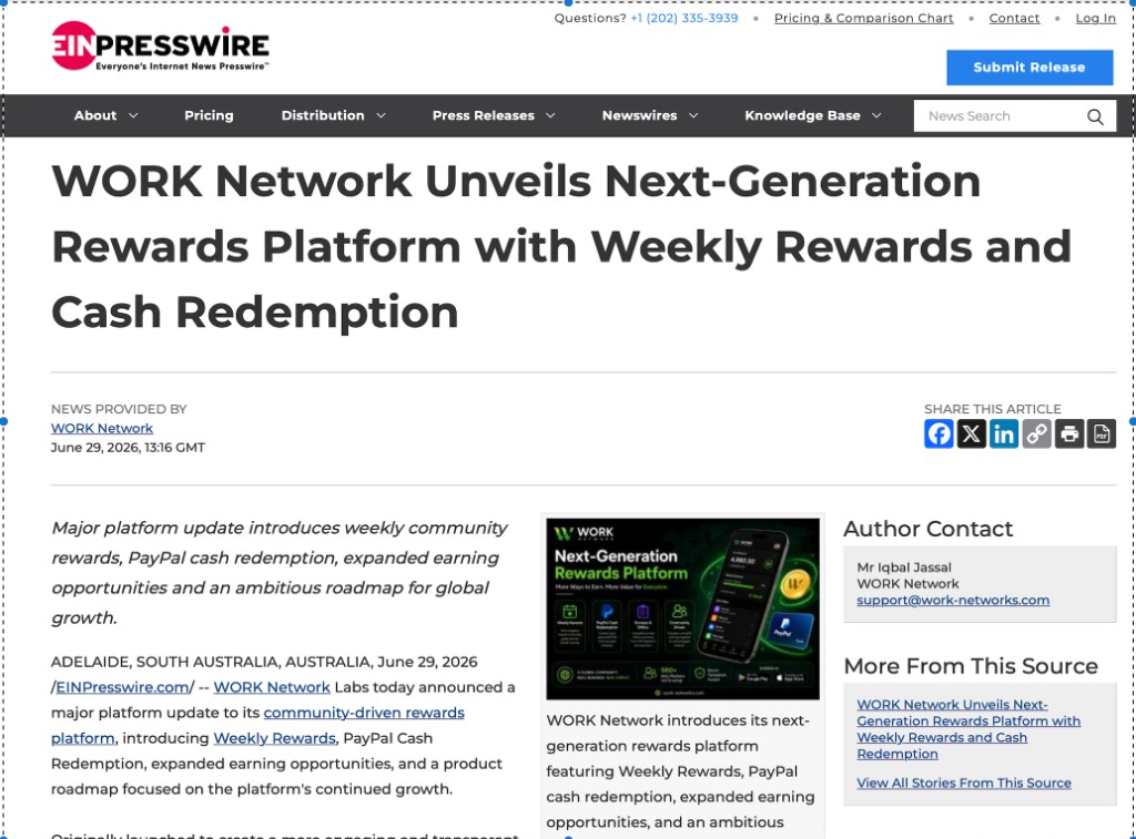 WORK Network next-generation rewards platform press release on EIN Presswire